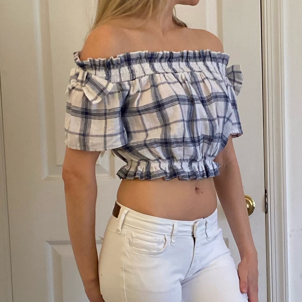 Blue plaid off the shoulder crop top